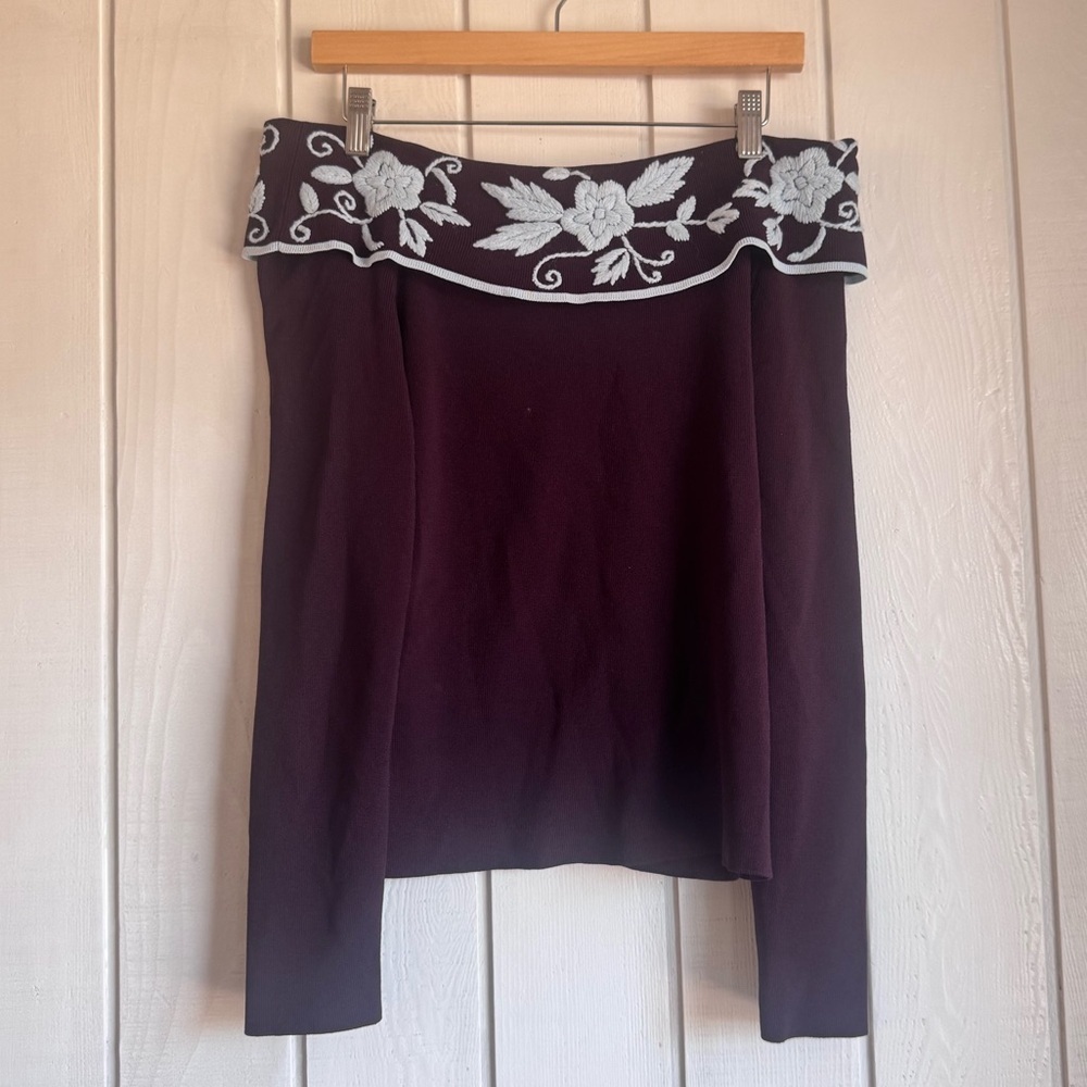 BCBG MaxAzria Burgundy Off-The-Shoulder Embroidered Top